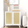 Modern Mid-Century Rattan Sideboard Buffet Table Dining Storage Cabinet in White