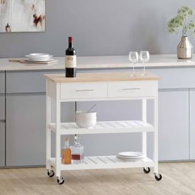 Modern White Kitchen Island Cart with Wood Top 2 Drawers and 2 Bottom Shelves