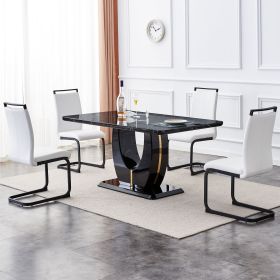 Table and chair set.Black Marble Pattern MDF Dining Table Set - 63"x37" with 4 chairs with white PU cushions and C-tube black metal legs.Bring a comfo