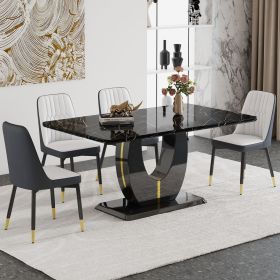 Table and chair set.63"W x 37"D x 30"H Black Marble MDF DiningTable Set with 4 White and Dark Gray spliced PU Chairs with black metal legs.Bring a com