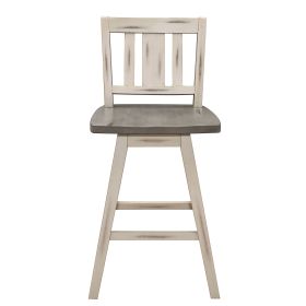 Counter Height Chairs Set of 2, White Gray 360-degree Swivel Chair Solid Rubberwood Kitchen Dining Furniture, Vertical Slat Back