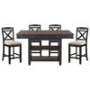 Transitional Style Counter Height Dining Set 5pc Table w Display Shelves Drawers and 4x Counter Height Chairs Black Finish Funiture