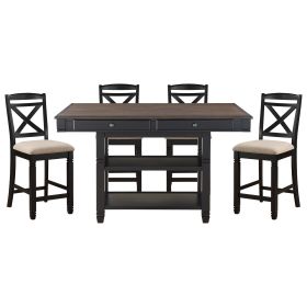 Transitional Style Counter Height Dining Set 5pc Table w Display Shelves Drawers and 4x Counter Height Chairs Black Finish Funiture