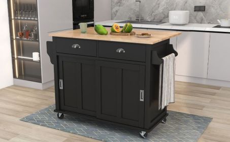 Kitchen Cart with Rubber wood Drop-Leaf Countertop, Concealed sliding barn door adjustable height